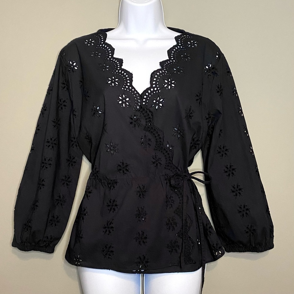 Madewell Eyelet Lace Long Sleeve Wrap Top in Black